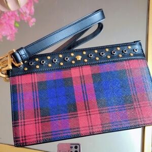 Versace Black and Red Plaid Clutch with Gold Accents